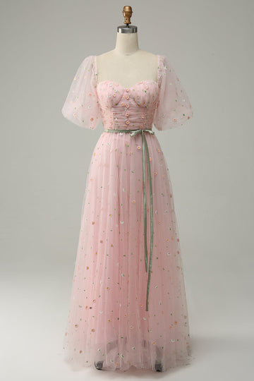 En Line Sweetheart Blush Long Prom Dress med broderi